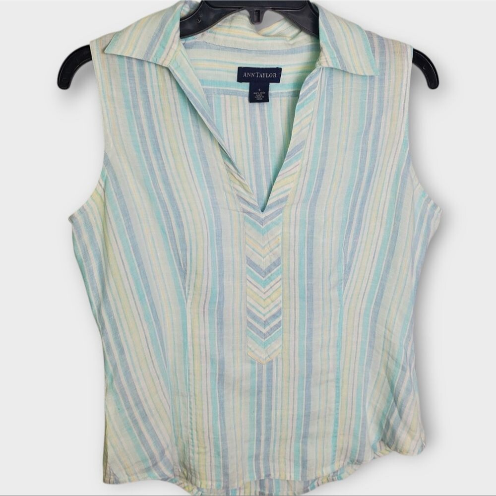 Vintage Ann Taylor Sleeveless Striped Collared Irish Linen Top Size Small